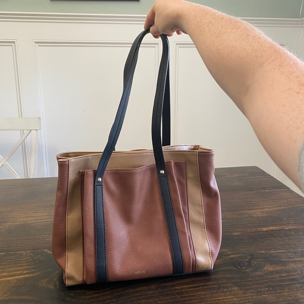 Relic‎ Womens Colorblock Tote Bag Brown Tan Navy Triple Compartment Handbag